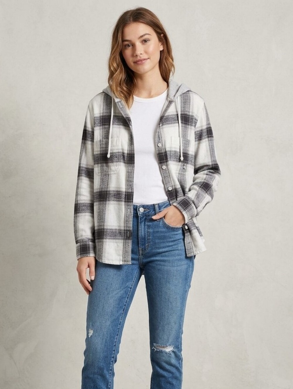 American Eagle Distressed Hooded Plaid Flannel Shirt Jacket-SM